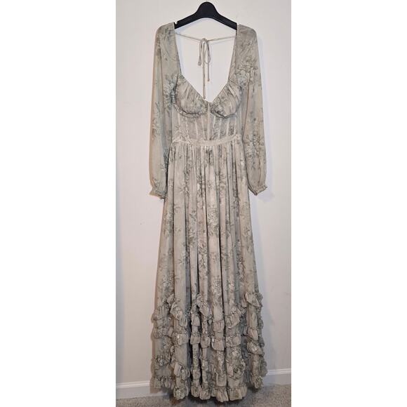 V. Chapman Sage Tapestry Carmella Long Sleeve Corset Chiffon Maxi Dress - Picture 3 of 15